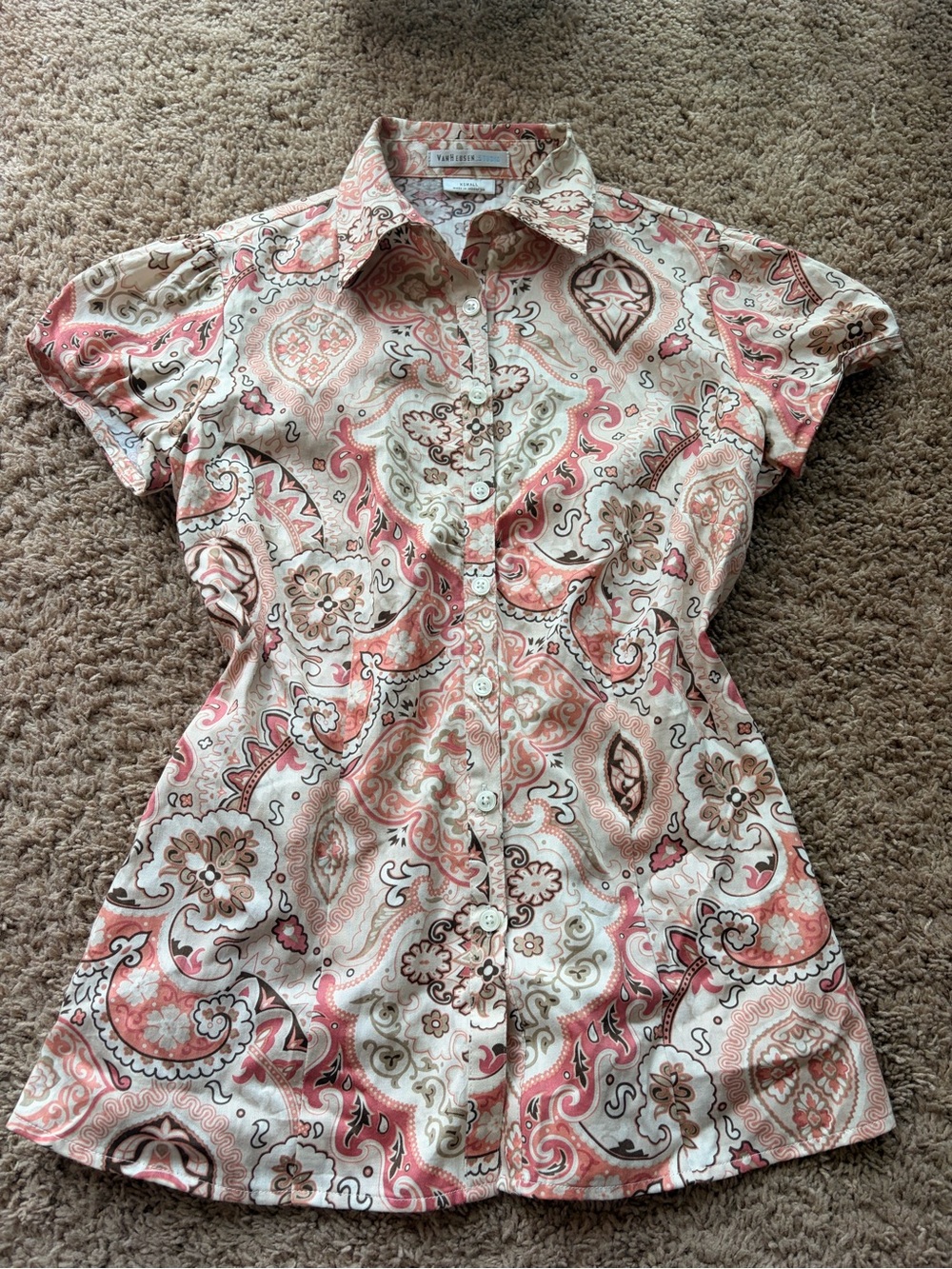 Van Heusen Pink and Beige Paisley Short-Sleeve Button-Down Shirt